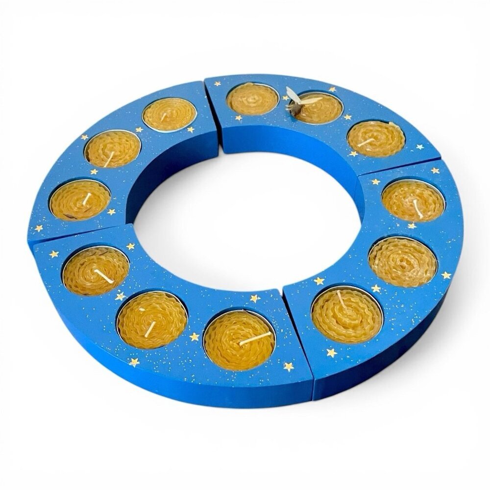 Waldorf Wooden Birthday Ring Candle Holder Handmade Blue Gold Moon & Stars
